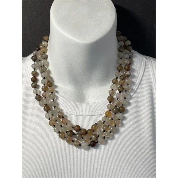 Hand Knotted Brown Cream Botswana Agate Necklace “Success Stone 60”